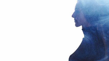 Galaxy silhouette. Female universe. Double exposure glitter stardust smoke cloud in dark profile of...