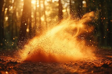 Fototapeta premium A golden cloud of dust rises in a sunlit forest, creating a magical atmosphere filled with warm light and natural beauty.