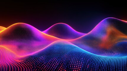 Abstract neon waves, glowing particles, vibrant colors, digital landscape.