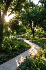 Obraz premium Sunlit Garden Path Winding Through Lush Greenery