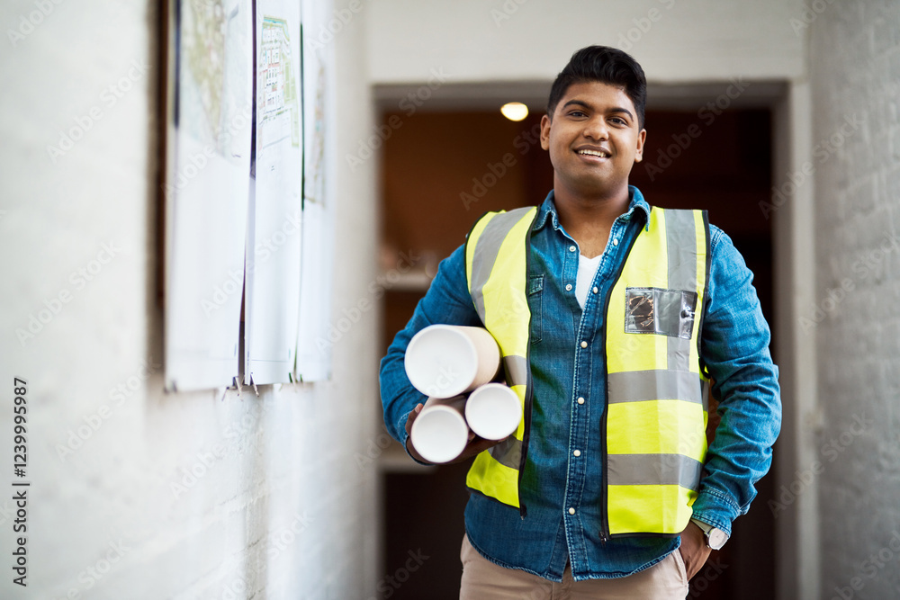 Poster Man, engineer and portrait with construction blueprint of architecture, floor plan and industrial project. Person, documents and building proposal with remodeling update, development design and ideas