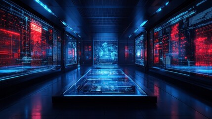 Fototapeta premium Futuristic digital environment with glowing screens displaying data analysis.