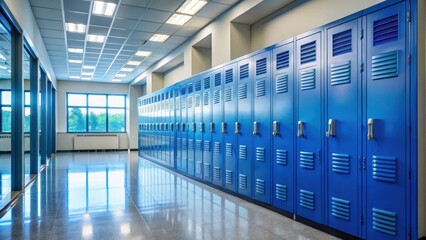 Blue metal lockers lined with nondescript high school hallway with large windows providing natural light