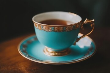 A teal teacup and saucer with gold detailing, filled with tea.  Perfect for a relaxing afternoon.