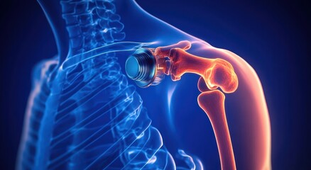 Anatomical Illustration of Human Shoulder Joint with Metallic Prosthetic Implant for Medical and Educational Purposes