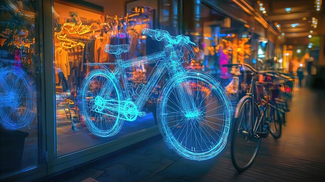 Holographic bicycle displayed in a city shop window at night with real bicycles blurred in the background.