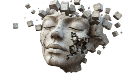 Stone face exploding into cubes on transparent background