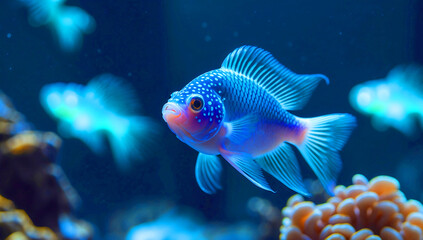 Fototapeta premium A close-up of a Siamese fighting fish , its tiny body glowing with bright blue spots