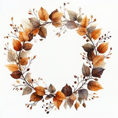 Watercolor Autumn Wreath Frame with Maple Leaves Flowers Twigs and Branches in Orange Brown Gray Beige Shades