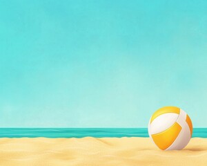 Colorful Beach Ball on Sandy Shore with Blue Ocean Background