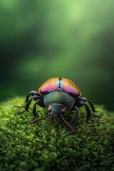 Naklejka premium Colorful Beetle on Lush Green Moss