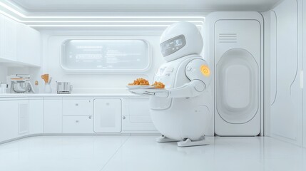 Futuristic robot chef in a sleek white kitchen holding a tray of freshly baked pastries, showcasing advanced technology and automation.