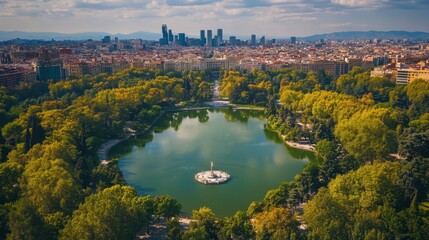 Madrid aerial view of Retiro Park with its central lake and surrounding cityscape