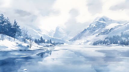 Obraz premium Serene Winter Landscape Featuring Snowy Mountains and Frozen Lake