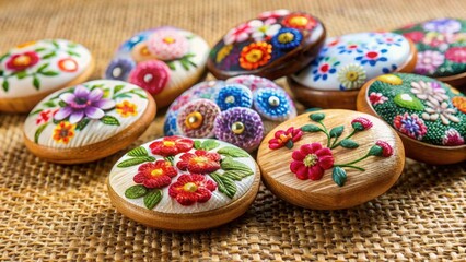 Fototapeta premium Hand-painted silk embroidery buttons on a wooden base , Asian fabric buttons