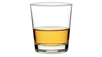 Glass containing small amount of whiskey on transparent background
