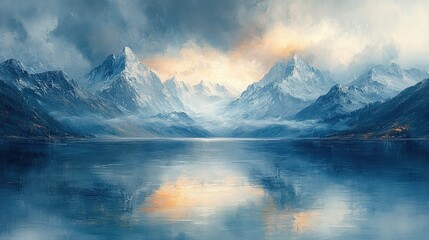 Snowy mountain range reflecting in serene lake at sunset
