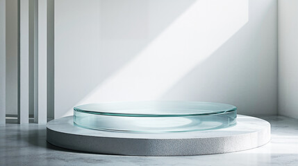 round glass product display podium is elegantly placed in minimalist setting with soft natural light streaming in, creating serene and modern atmosphere