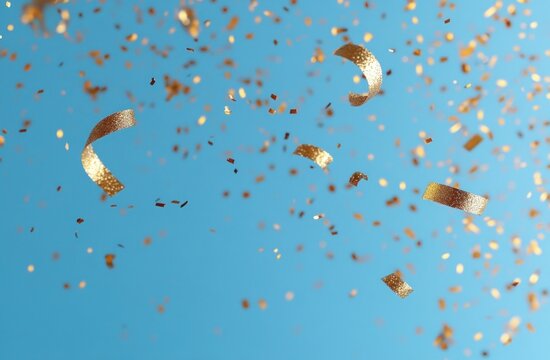 Close Up of Gold Confetti and Ribbons on Teal Background for Celebrations Happy New Year Birthdays Anniversaries and Festivals
