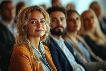 Fototapeta premium Diverse Professionals Engaged in Business Conference with Smiling Muslim Woman in Formal Attire