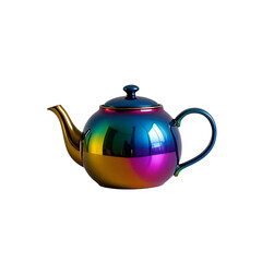 A rainbow-colored teapot with a glossy, fluid metal finish