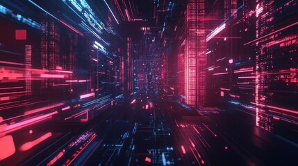 Obraz premium Futuristic digital landscape with vibrant neon lights and depth