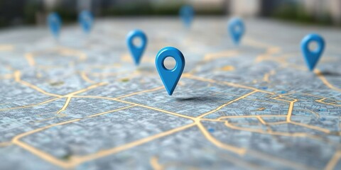 Modern City Map with Blue Location Markers for Navigation Travel and Route Finding Concept