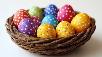 Obraz premium Bright and Colorful Polka Dot Eggs in a Woven Basket Display