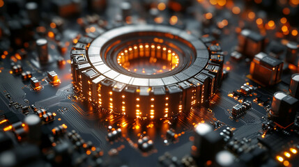 A detailed view of a PCB with a toroidal core inductor and tightly coiled copper wire, surrounded by electrolytic capacitors, resistors, and rainbow spectrum transformers, representing technological c