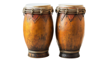 Two old wooden bongos isolated on transparent background