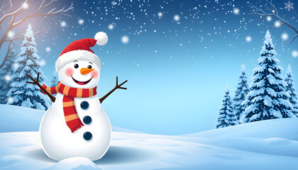 Obraz premium Happy snowman in the winter scenery behind the blank advertising banner with copy space, pixel art. isolated with white shades
