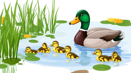 Fototapeta premium Mother duck swimming with ducklings in pond with transparent background