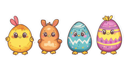 Naklejka premium Four cute kawaii easter stickers with chicks and decorated eggs on transparent background