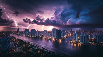 Fototapeta premium Miami's skyline captured during a thunderstorm with lightning lighting up the cityscape.