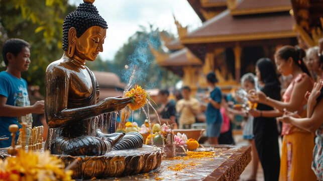 Pi Mai Lao religious procession, people pouring water on Buddha statue with flowers and incense, calm and respectful atmosphere, magnificent Lao temple background, Ai generated images