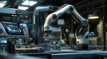 A robotic arm assembling parts in an advanced automotive factory.