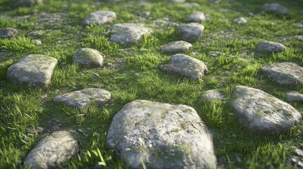 Naklejka premium Stone Path through Lush Green Grass: A Serene Nature Scene