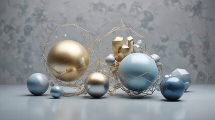Abstract metallic spheres and geometric forms entangled in a delicate wireframe structure against a neutral backdrop