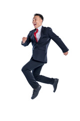 A portrait of an Asian businessman jumps with an excited expression isolated over a white background. Concept of business, entrepreneur, and successful