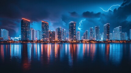 Fototapeta premium Miami's skyline captured during a thunderstorm with lightning lighting up the cityscape.