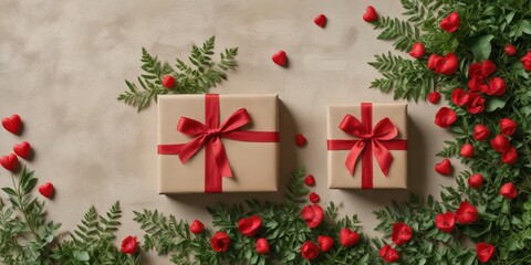 Two Presents Adorned with Red Ribbon and Surrounded by Festive Flowers and Hearts