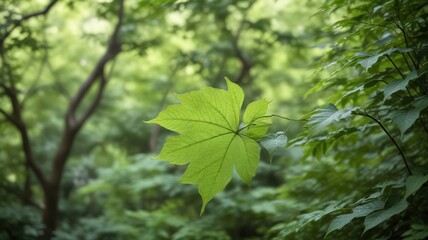 Fototapeta premium A Single Vibrant Green Leaf Illuminates a Lush Forest Canopy, a Tranquil Scene of Nature's Serenity
