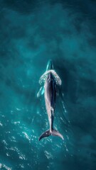 Humpback whale swimming in the deep blue ocean, Iceland.
