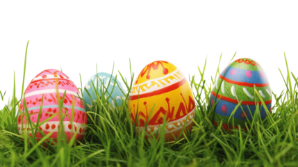 Colorful easter eggs hiding in green grass with transparent background
