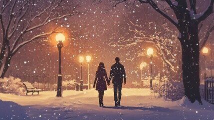 Obraz premium A romantic couple holding hands while walking through a snowy park, with soft snowflakes falling around them.