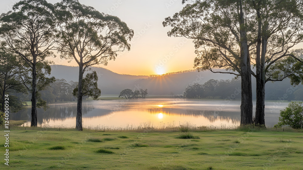 Poster a serene sunrise over a calm lake, framed by trees, creating a tranquil landscape with reflection an