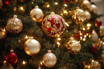 Merry Christmas and New Year Celebration with a Beautiful Gold and Red Ornamented Christmas Tree and Festive Lights