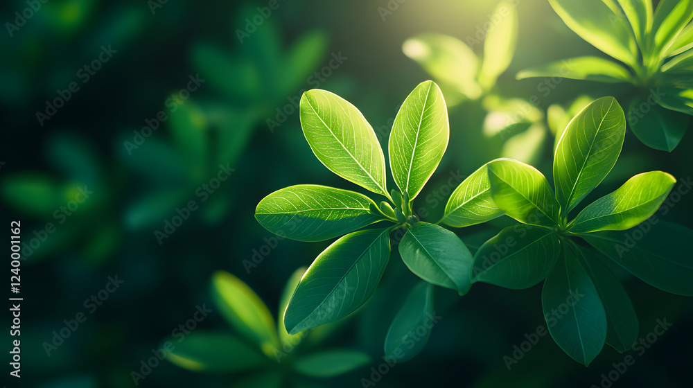 Poster lush green leaves glisten under soft sunlight, creating a serene and calming atmosphere in nature