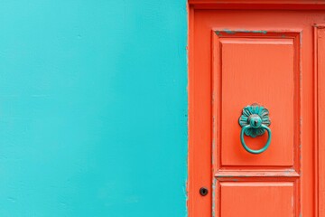 Teal wall and an orange door with ornate green knocker