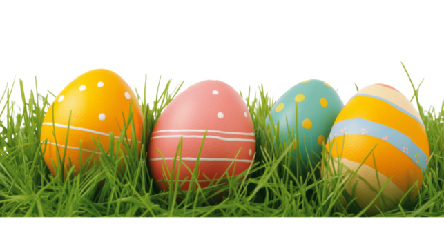 Colorful easter eggs hiding in green grass with transparent background - Powered by Adobe